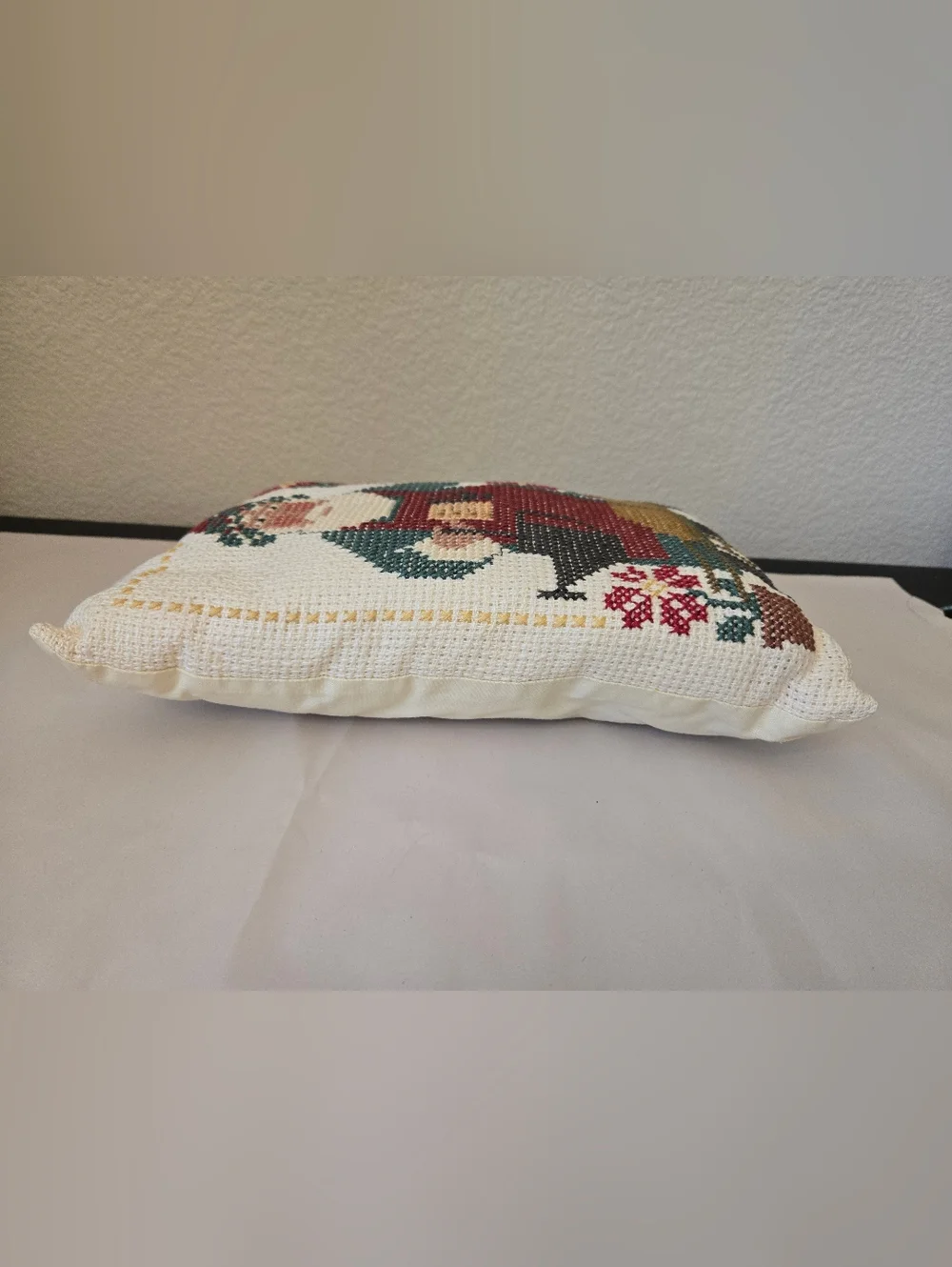 Vintage Needlepoint Santa Pillow Gardening Theme Accent Decor Christmas Holiday